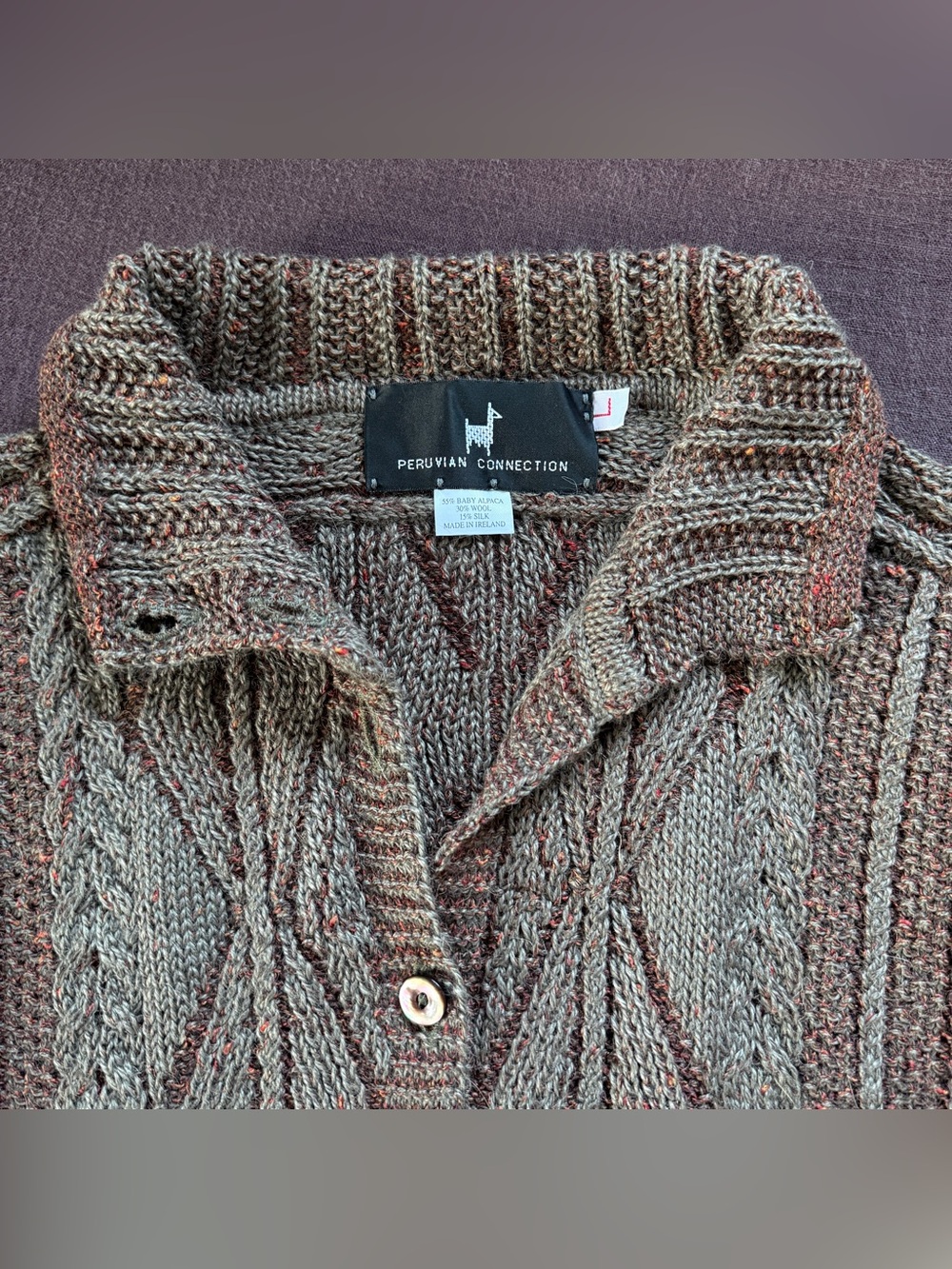 Vintage Peruvian Connection Cableknit Baby Alpaca Wool Silk Knit Cardigan L - Picture 3 of 12